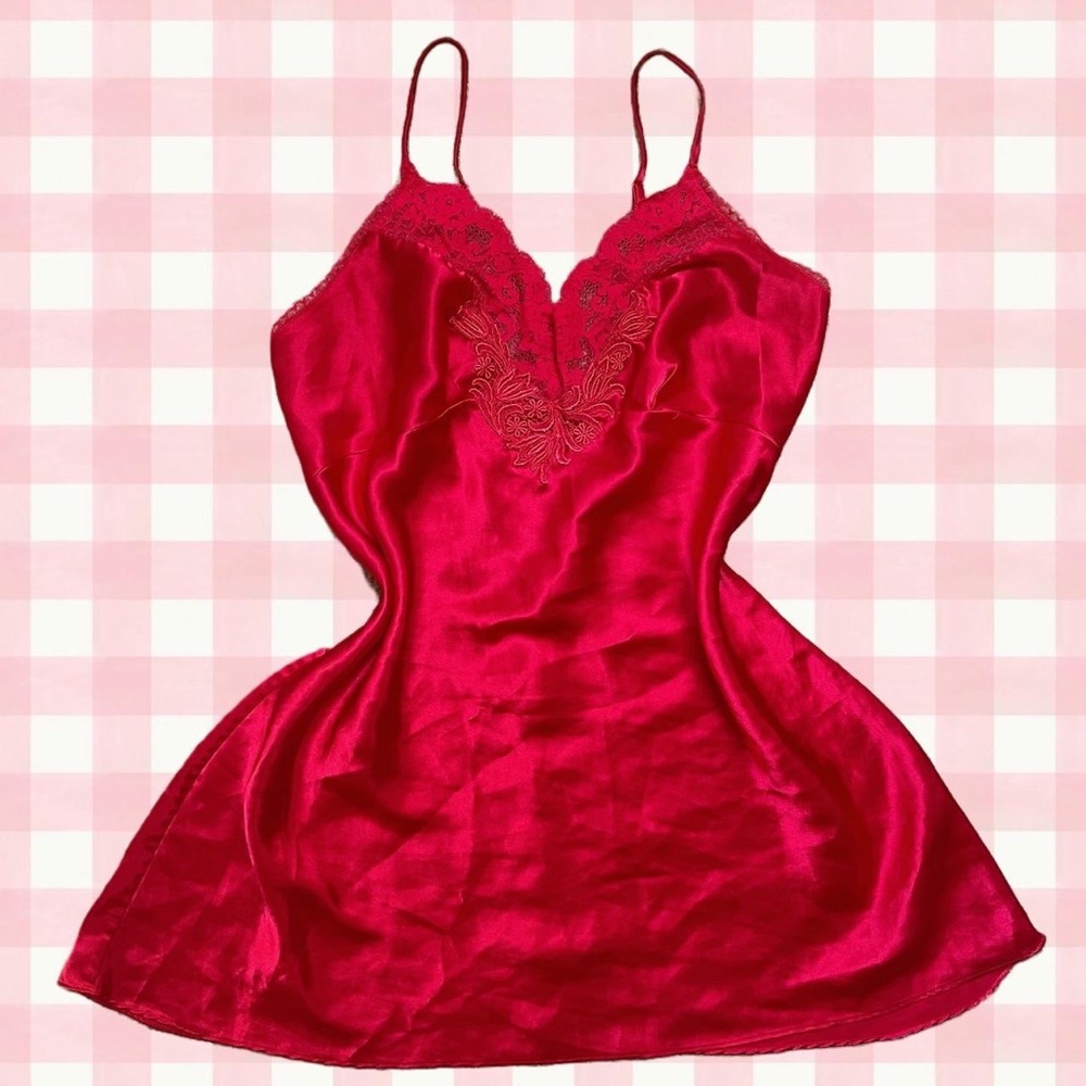 Victoria's Secret Silky Red Lace Babydoll Slip Dress Lingerie in Size Medium
